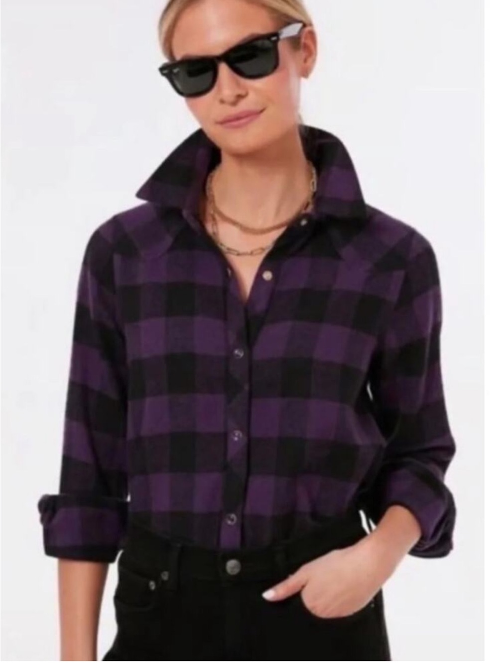 Tuckernuck Chandler Check Flannel Button Down Shirt Purple Black Size Large NWT